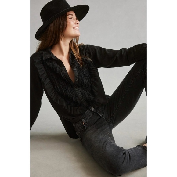 Pilcro Tulle Shirt Button Up Whimsigoth Fairy Dark Academia Witchycore Black XS - Picture 15 of 15